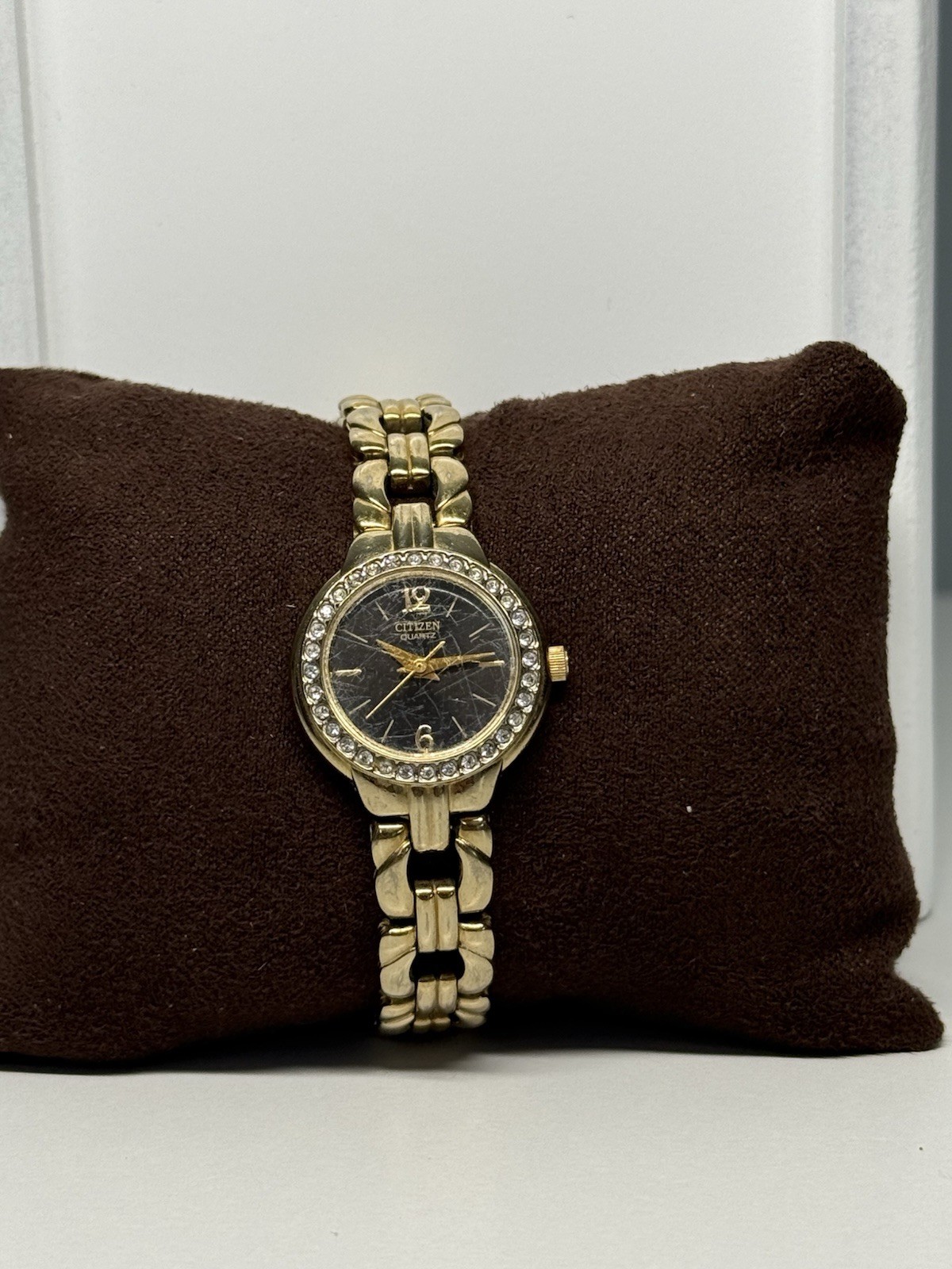 Citizen Quartz Gold Tone Women’s Watch Gem-Set Bezel w/ Black Dial