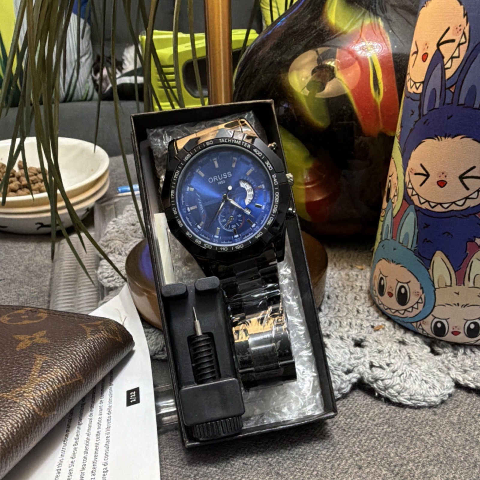 Oruss 1853 Chronograph Analog Wristwatch Blue Dial Black Metal Bracelet