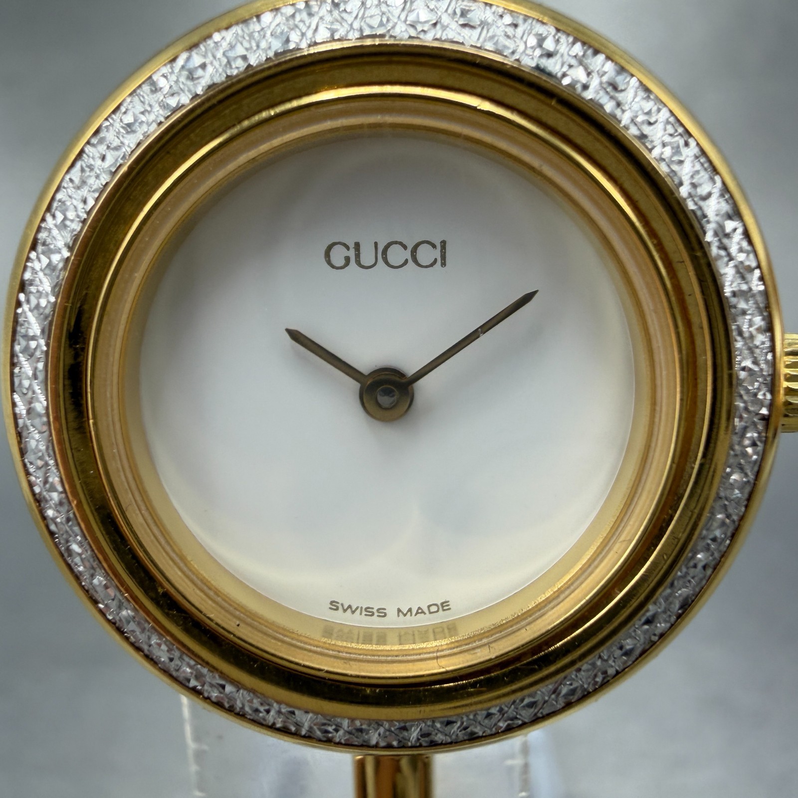 Gucci 11/12.2 Watch Women 26mm White Dial Gold bangle New Batt Diamond Bezel