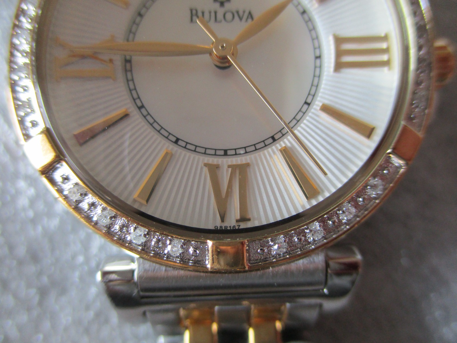 BULOVA LADIES DIAMOND BEZEL & MOP DIAL WATCH 2 TONE STAINLESS C637585 – NEW BATT