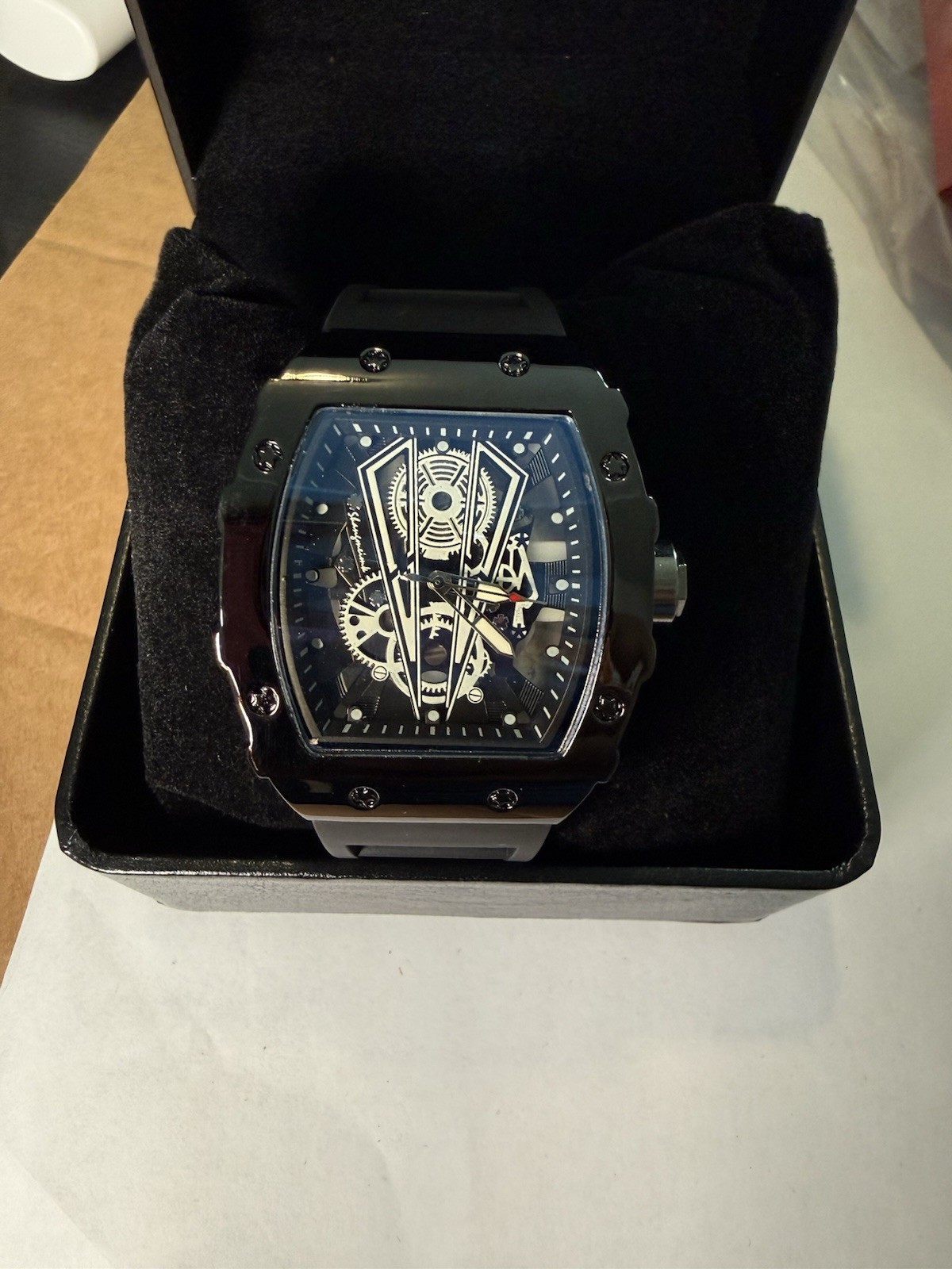Tonneau Skeleton Analog Wristwatch Black Case Black Rubber Strap w/ Box