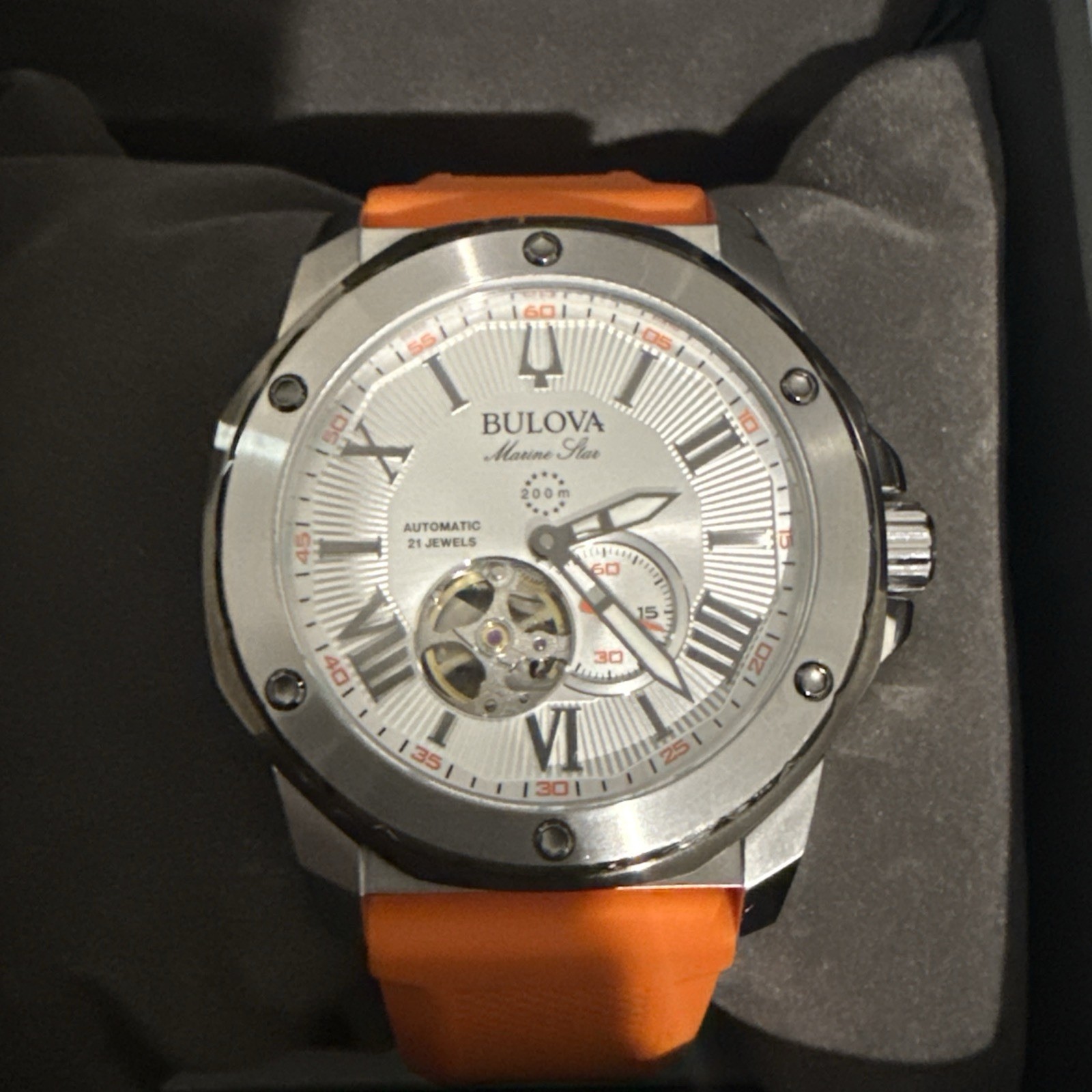 Bulova Marine Star 98A226 Automatic Men’s Silver Dial Orange Rubber Strap Watch