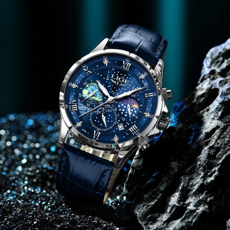 LIGE Luxury Quartz Men’s Watch Leather Strap Date Waterproof Luminous Wristwatch