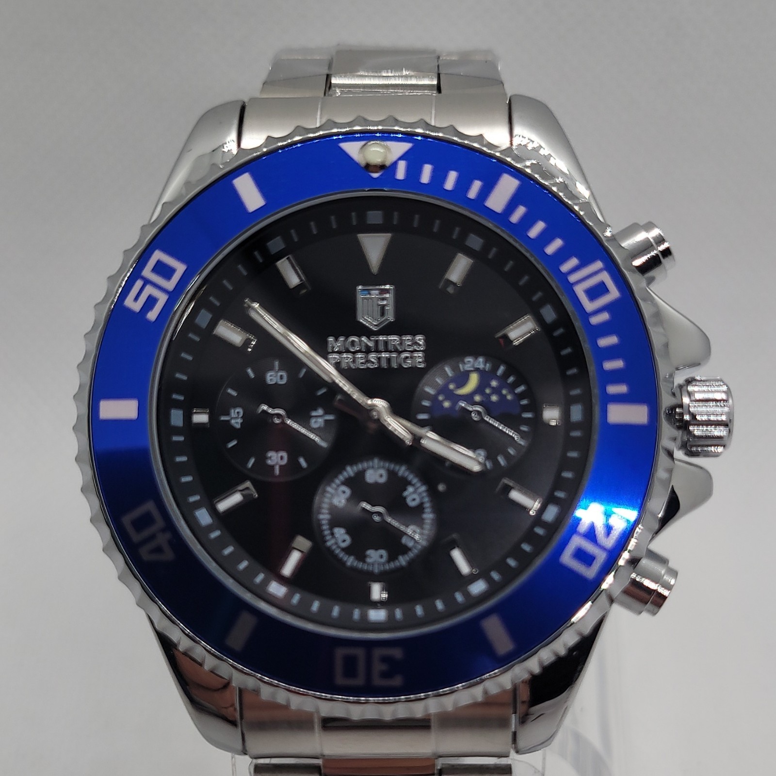 180 Montres Prestige 42mm Chronograph Blue Bezel Stainless Steel Black dial