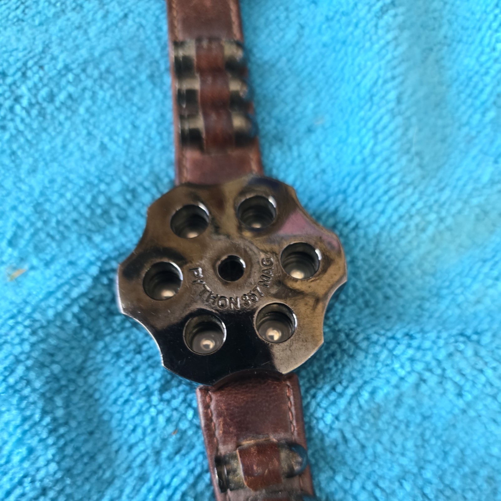 Python 357 Mag Revolver Cylinder Quartz Watch 41mm Men’s Leather Band Ammo