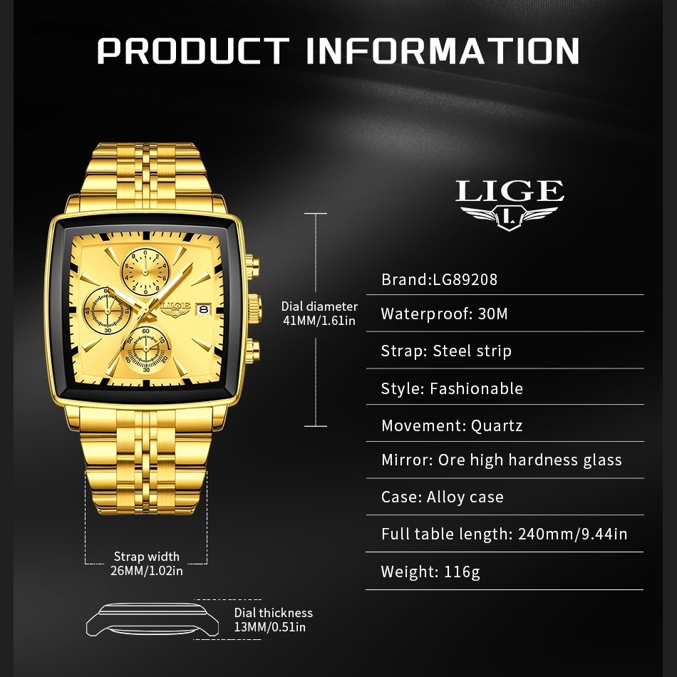 Mens Watch Quartz Multifunction Luminous Chronograph Male Steel Wristwatch Gold