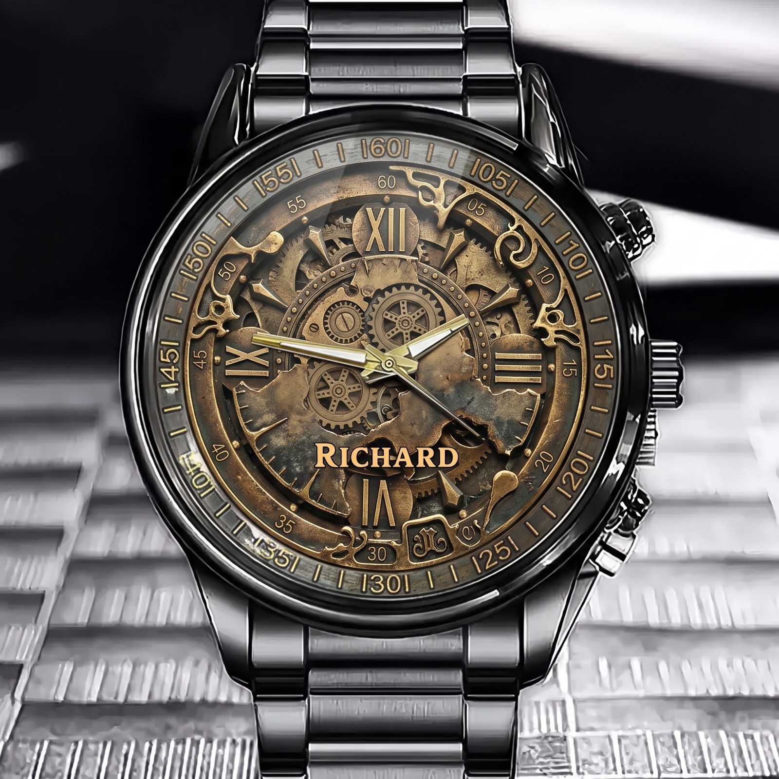 Personalized Industrial Steampunk Stainless Steel Wristwatch – Custom Name