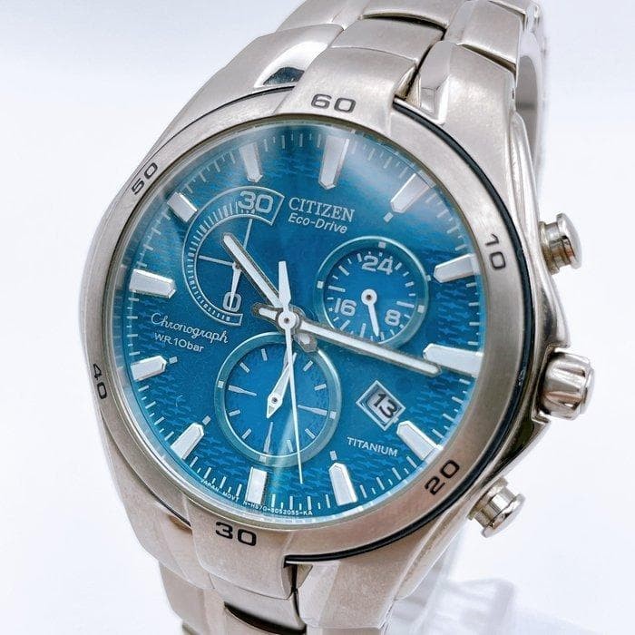 Working condition Citizen wristwatch, blue dial, chronograph, Eco-Drive, titaniu