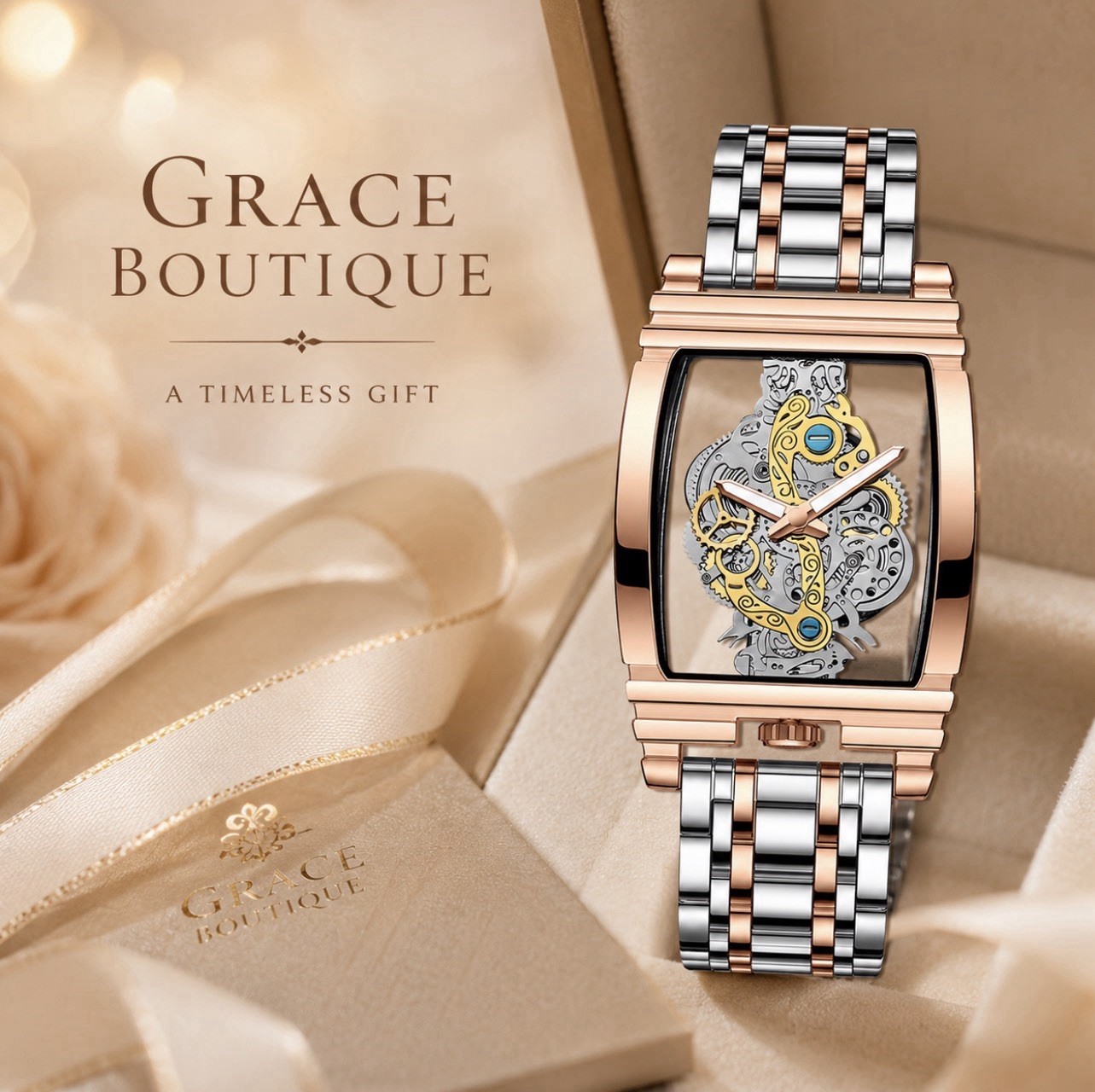 Grace Boutique Rose Gold Skeleton Dial Quartz Watch Two-Tone Bracelet 30m