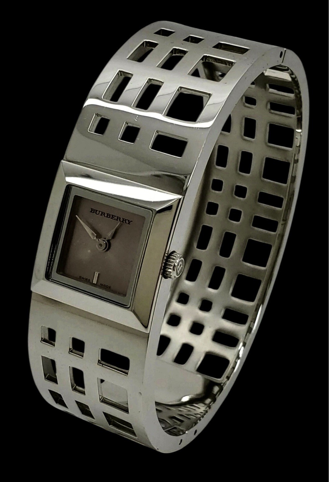 Burberry Silver Tone Beige Dial Womens Swiss Made Bangle Dress Watch No box.