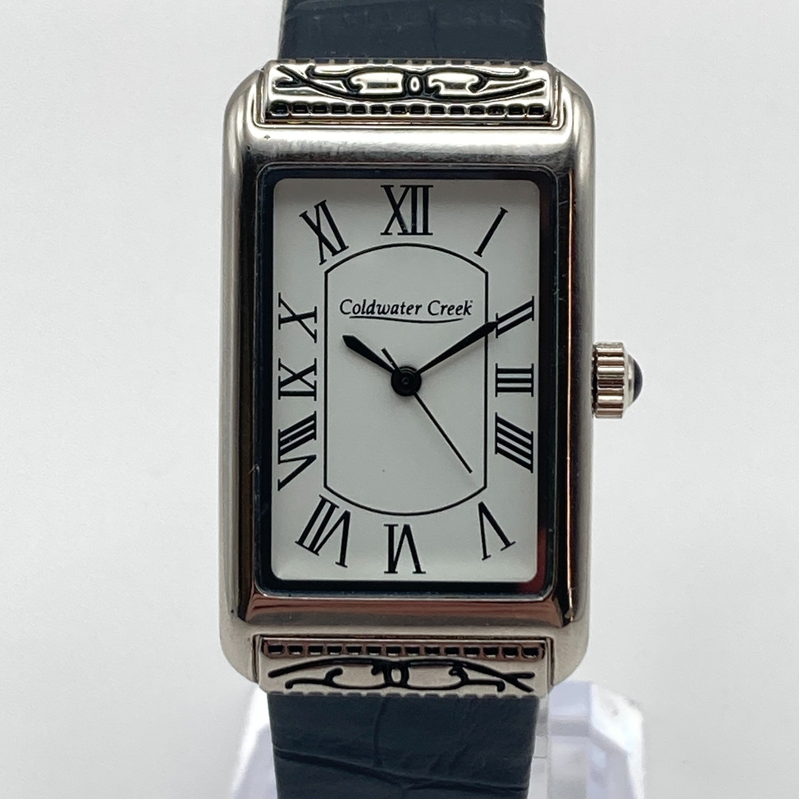 Coldwater Creek Womens Tank Watch 19mm Silver Tone Black Leather New Battery