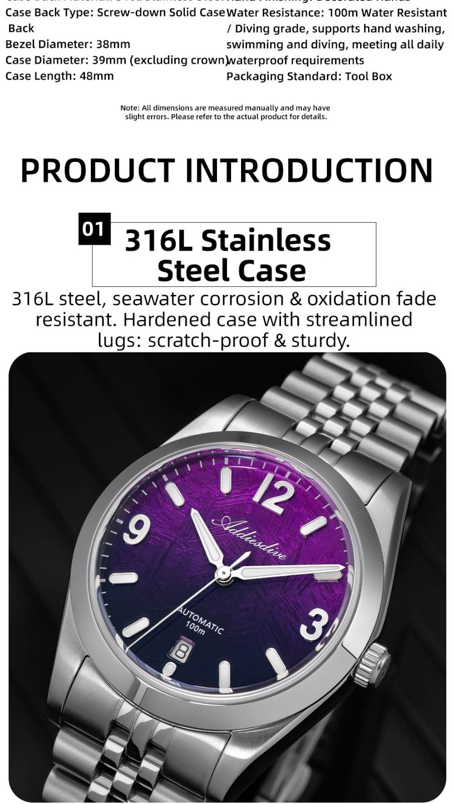 ADDIESDIVE AD2547 39mm Automatic Watch Purple Waterproof Citizen Miyota New