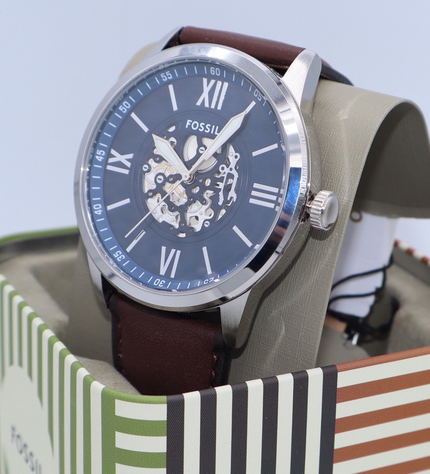Fossil Flynn Silver Blue Brown Leather Skeleton BQM7128 Mens Watch
