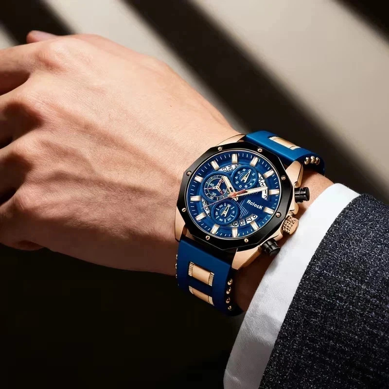 Men’s Luxury Analog Quartz Watch Chronograph & Date Display Blue Rose Gold NEW