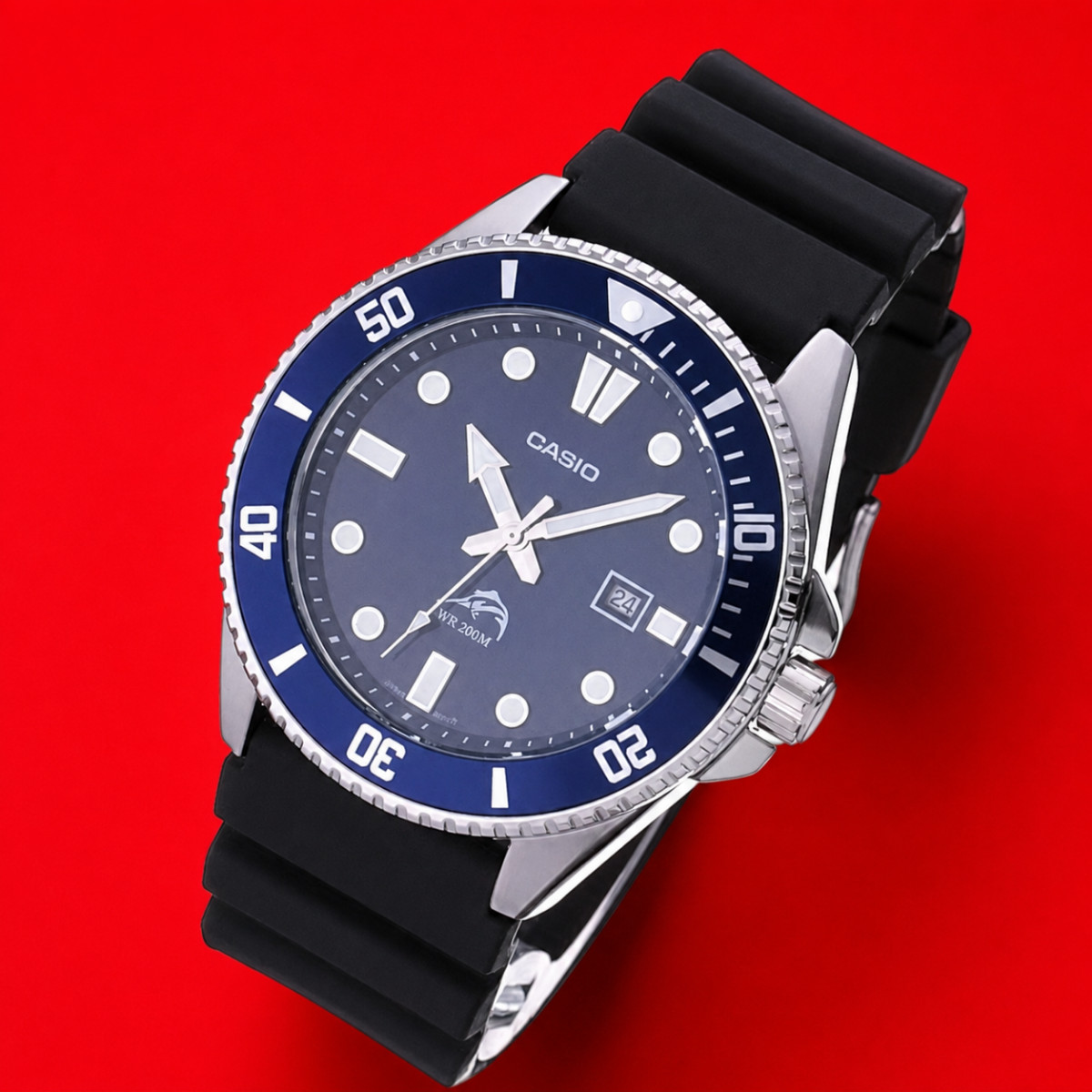 Men’s 200M Waterproof Diver Quartz Watch Black Resin Band Blue Bezel Dial Casio