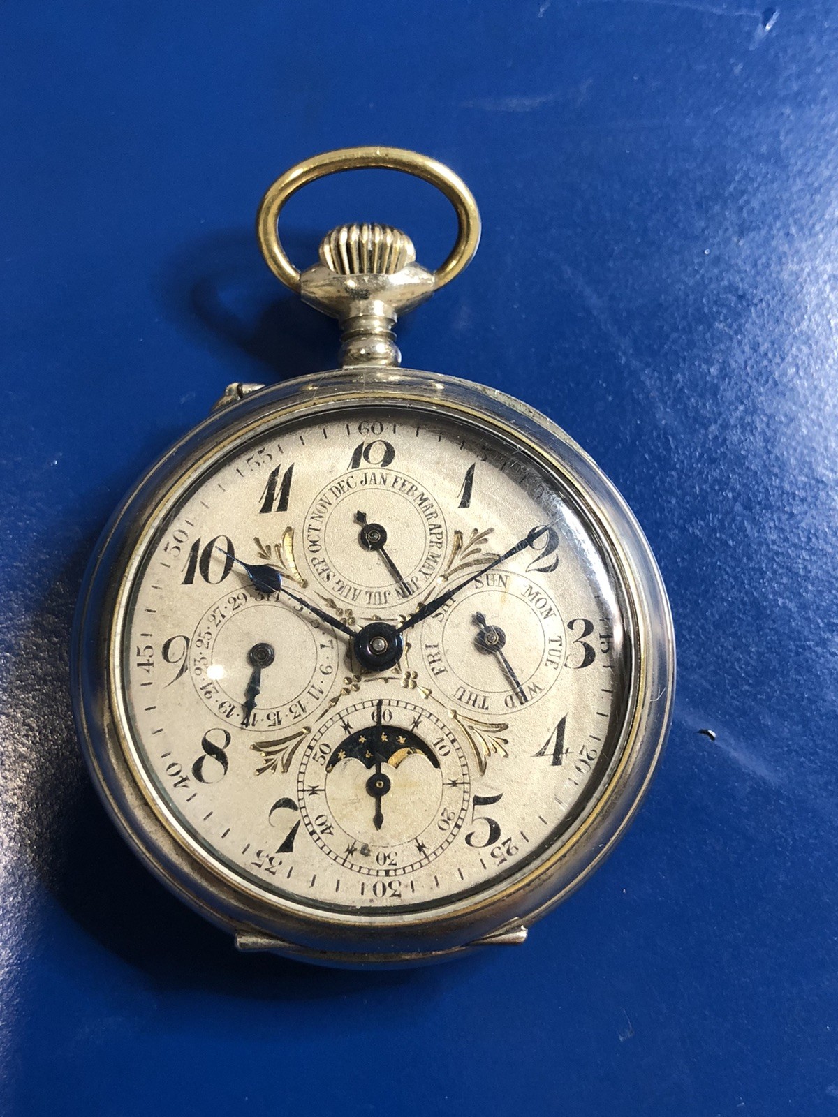 ANTIQUE 1920S SWISS MOONPHASE POCKET WATCH /52mm