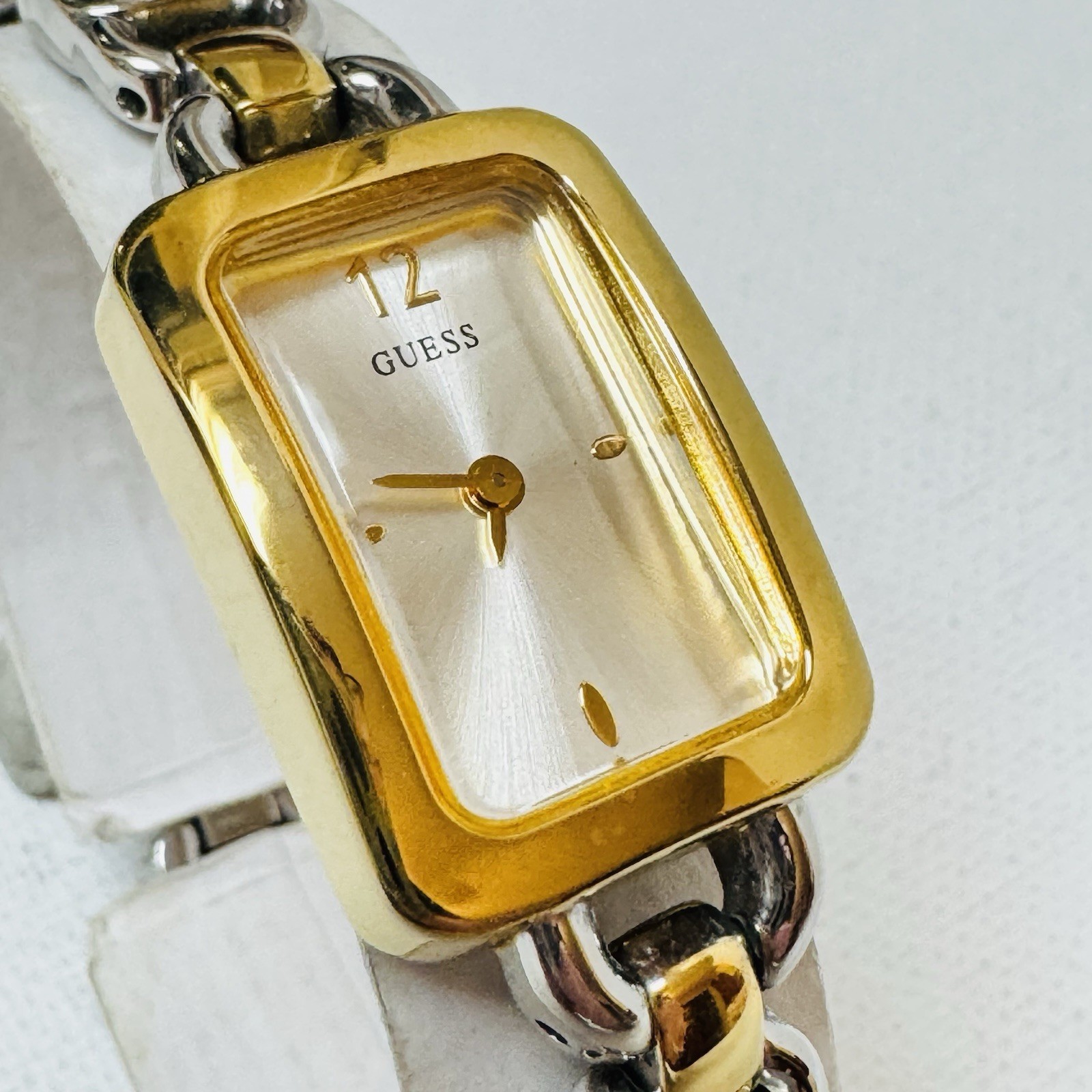Vintage Guess Women’s Two Tone Rectangle Watch Gold Silver Logo Bracelet G66520L
