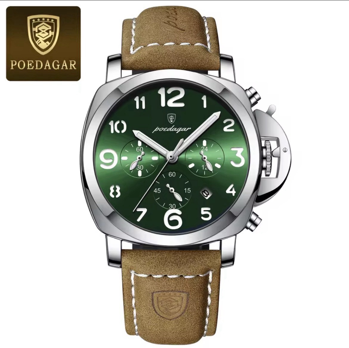 POEDAGAR Luxury Man Watch Quartz Waterproof Luminous Date Chronograph Leather