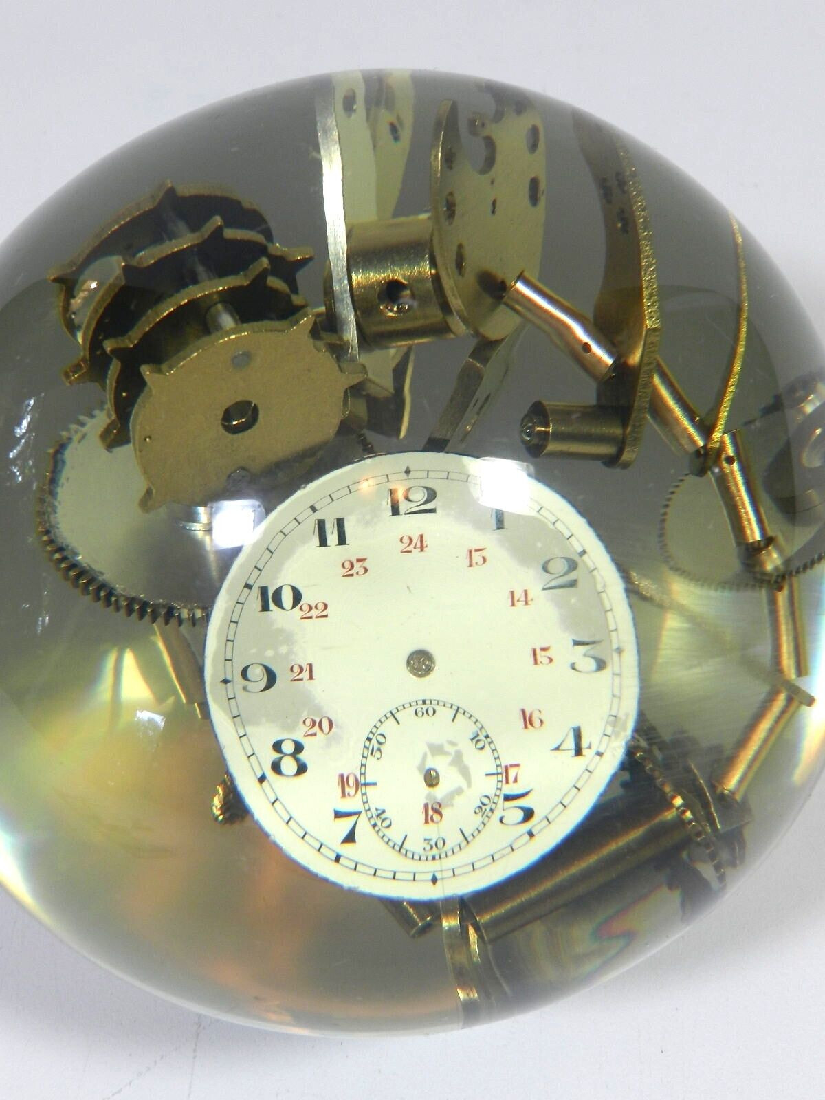 Vintage Lucite Embedded Brass Watch Parts Ball Sculpture Resin Acrylic Sphere