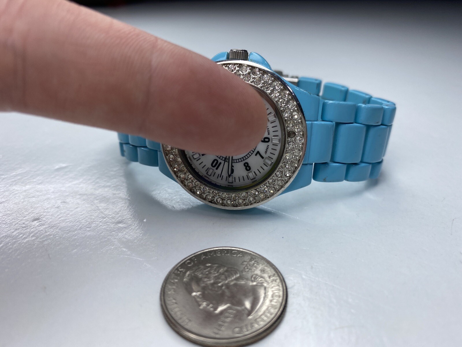 E Vivani Blue Enamel Silver Crystals Japan 1102 Accutime Stainless Untested
