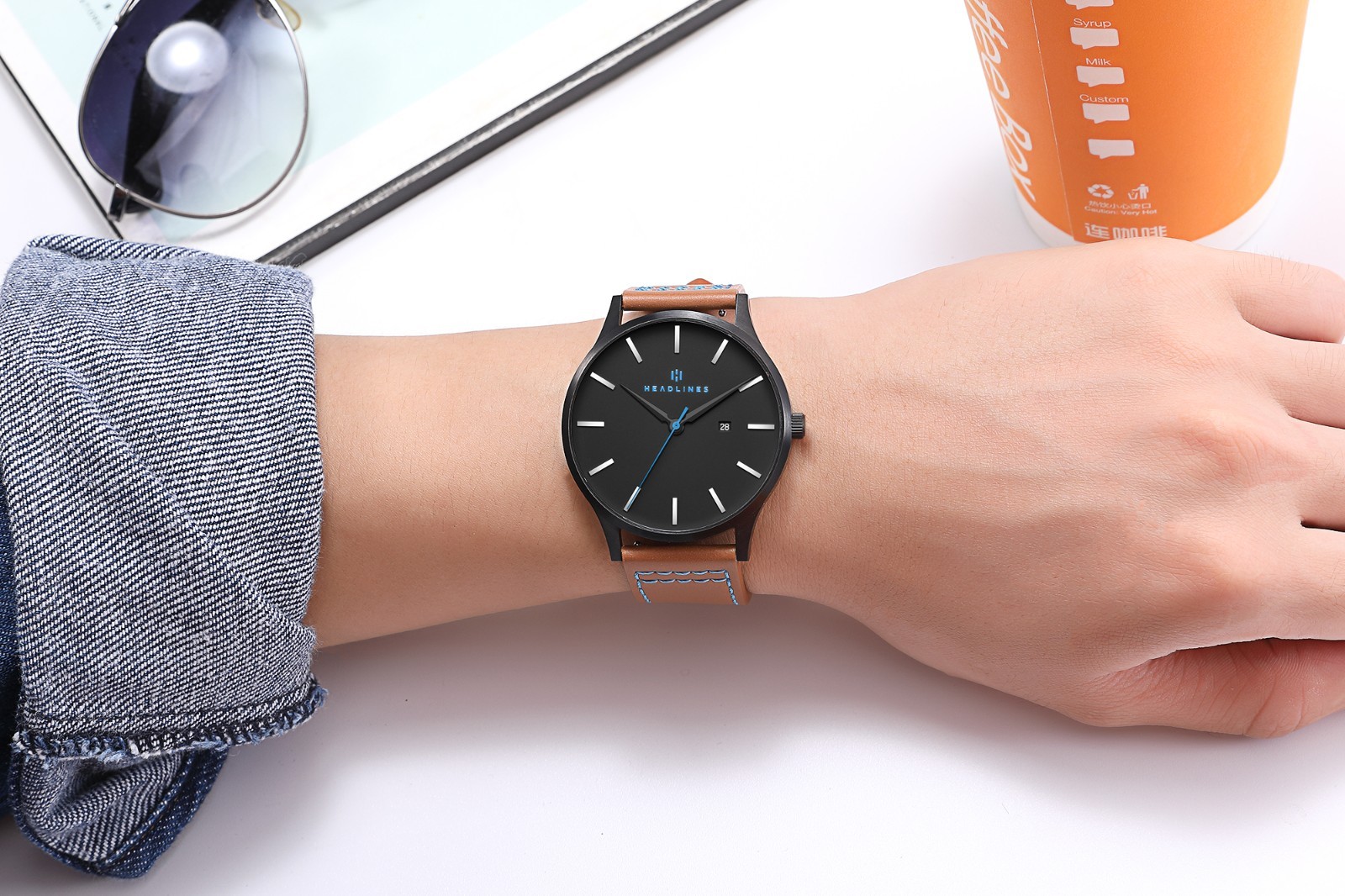 Men’s Blue Dial Minimalist Quartz Watch Brown Leather Strap Analog Date 5ATM
