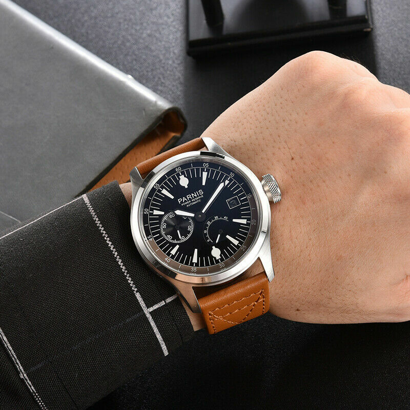 Power Reserve Movement PARNIS 46.5mm Automatic Watch for Men Retro Wristwatches