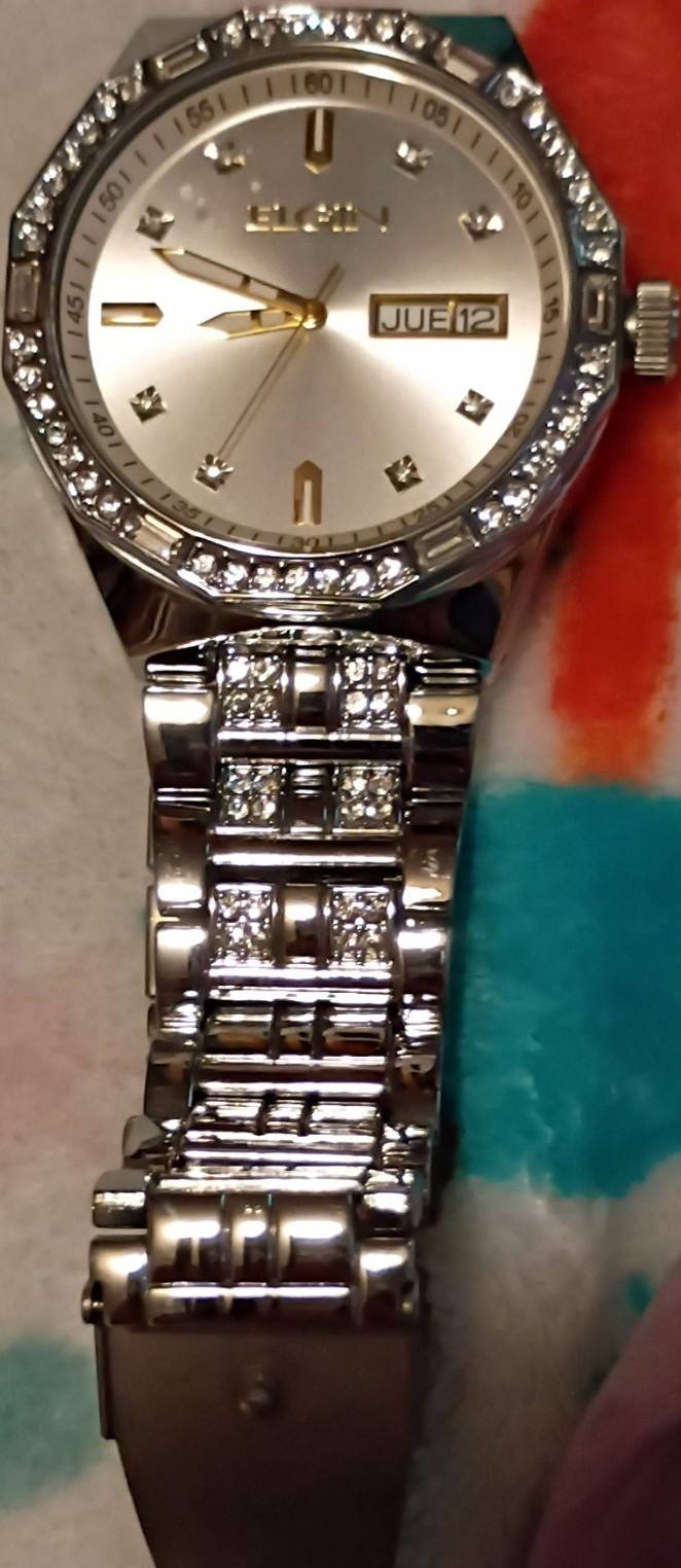 Elgin Women’s Silver-Tone Quartz Analog Dress Watch Day/Date Gem-Set Bezel
