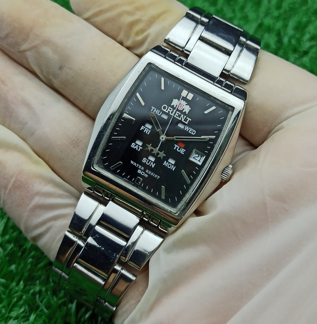 RARE Vintage Orient 3 Star Automatic Multi-Eye Day Date Rectangular Men’s Watch