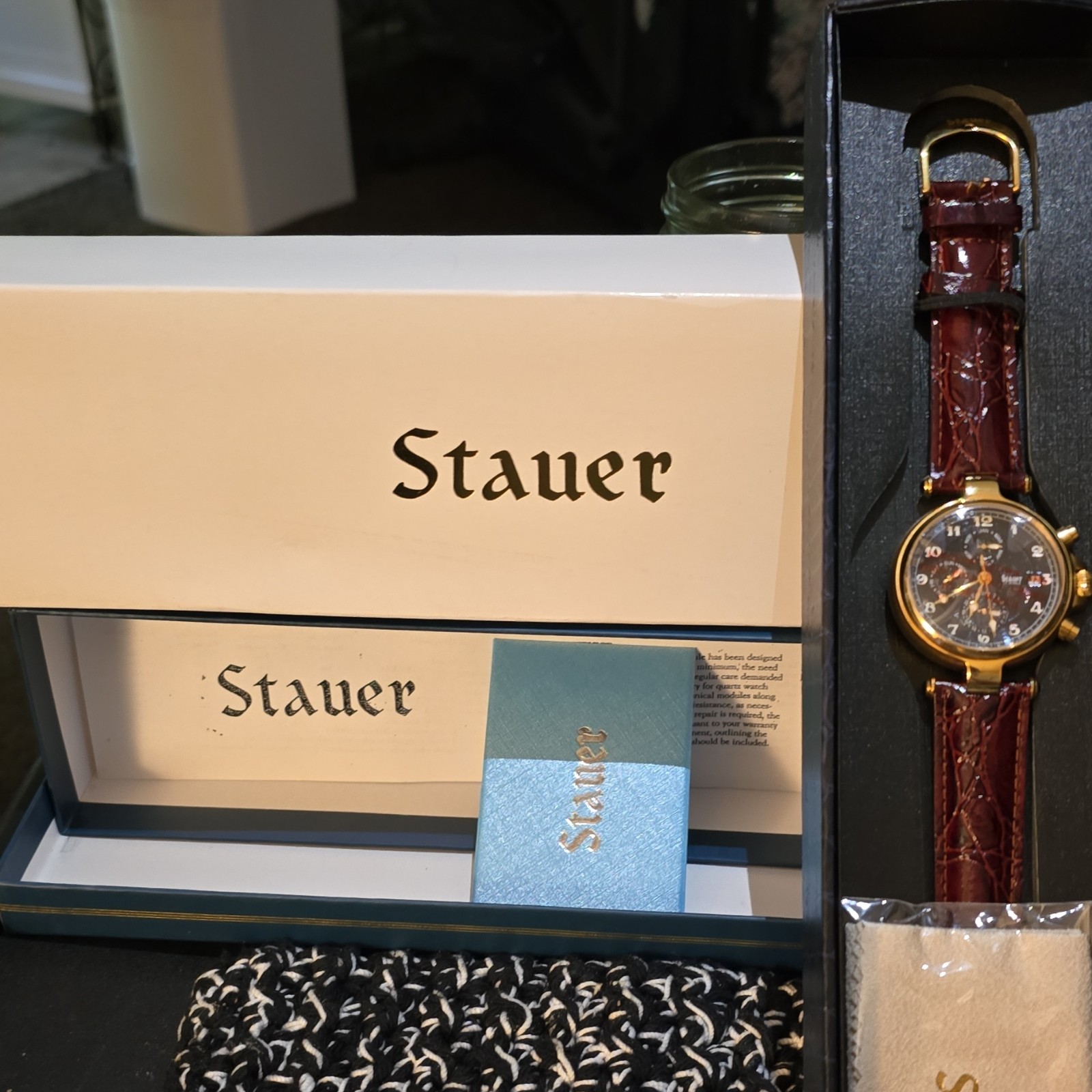 Stauer 1930 Men’s Quartz Watch Gold Case Black Dial Brown Leather Date w/ Box