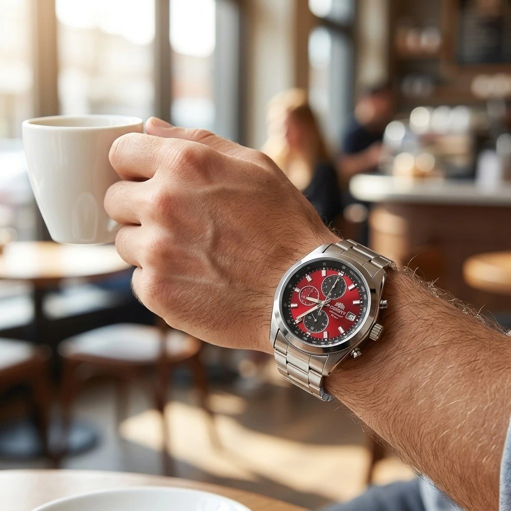 Orient Watch Men Chronograph Red Dial Stainless Steel Band Luxury Birthday Gift