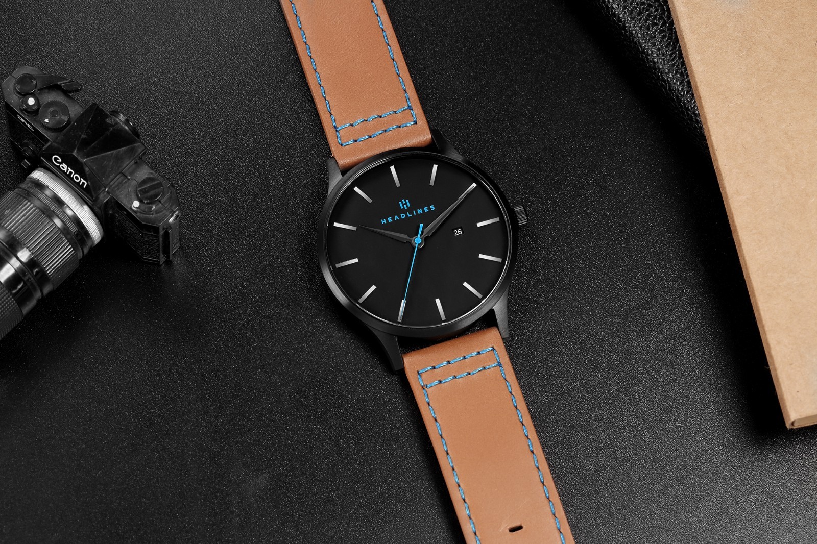 Men’s Blue Dial Minimalist Quartz Watch Brown Leather Strap Analog Date 5ATM