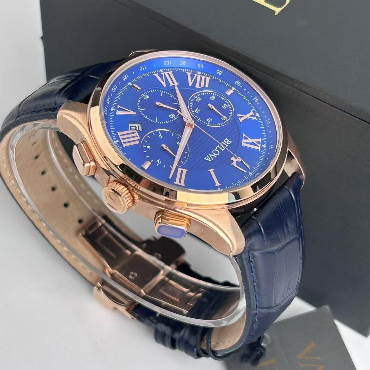 Bulova Wilton Classic 97B170 Blue Dial Leather Strap Mens Quartz Watch 4 G2U