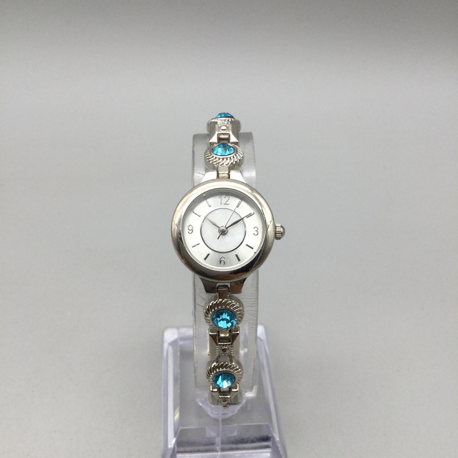 Allude Womens Watch 22mm Silver Tone Blue Rhinestone Bracelet New Battery 7.5″