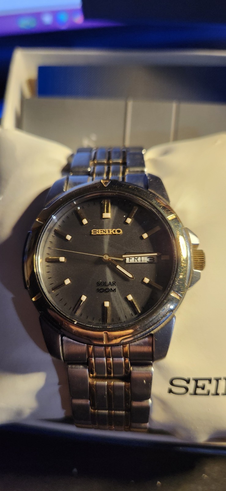 Seiko SNE098 Solar Quartz Men’s Watch Gray Dial Two-Tone Day/Date 100m