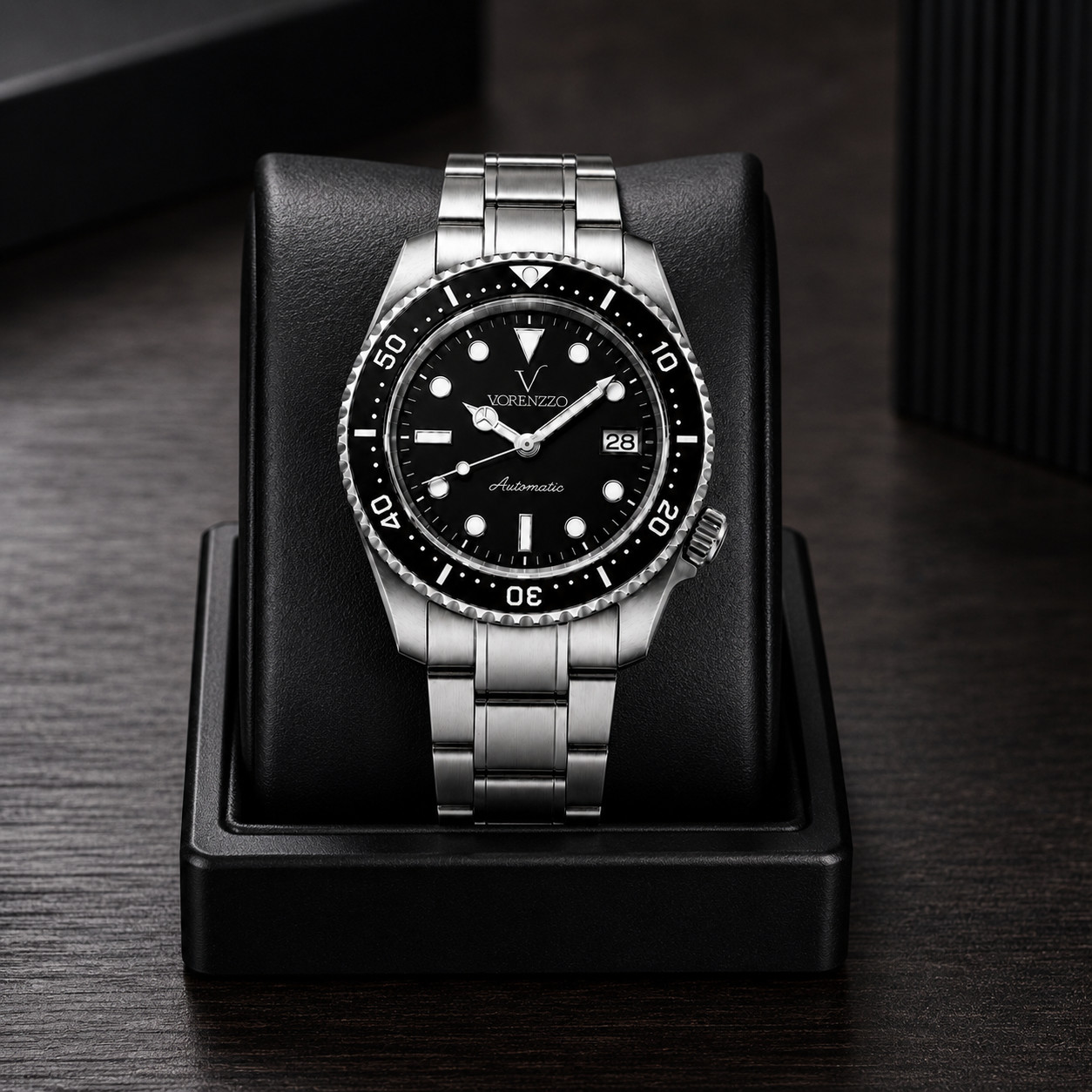 VORENZZO Automatic Black Diver Watch Sapphire Crystal Steel Bracelet