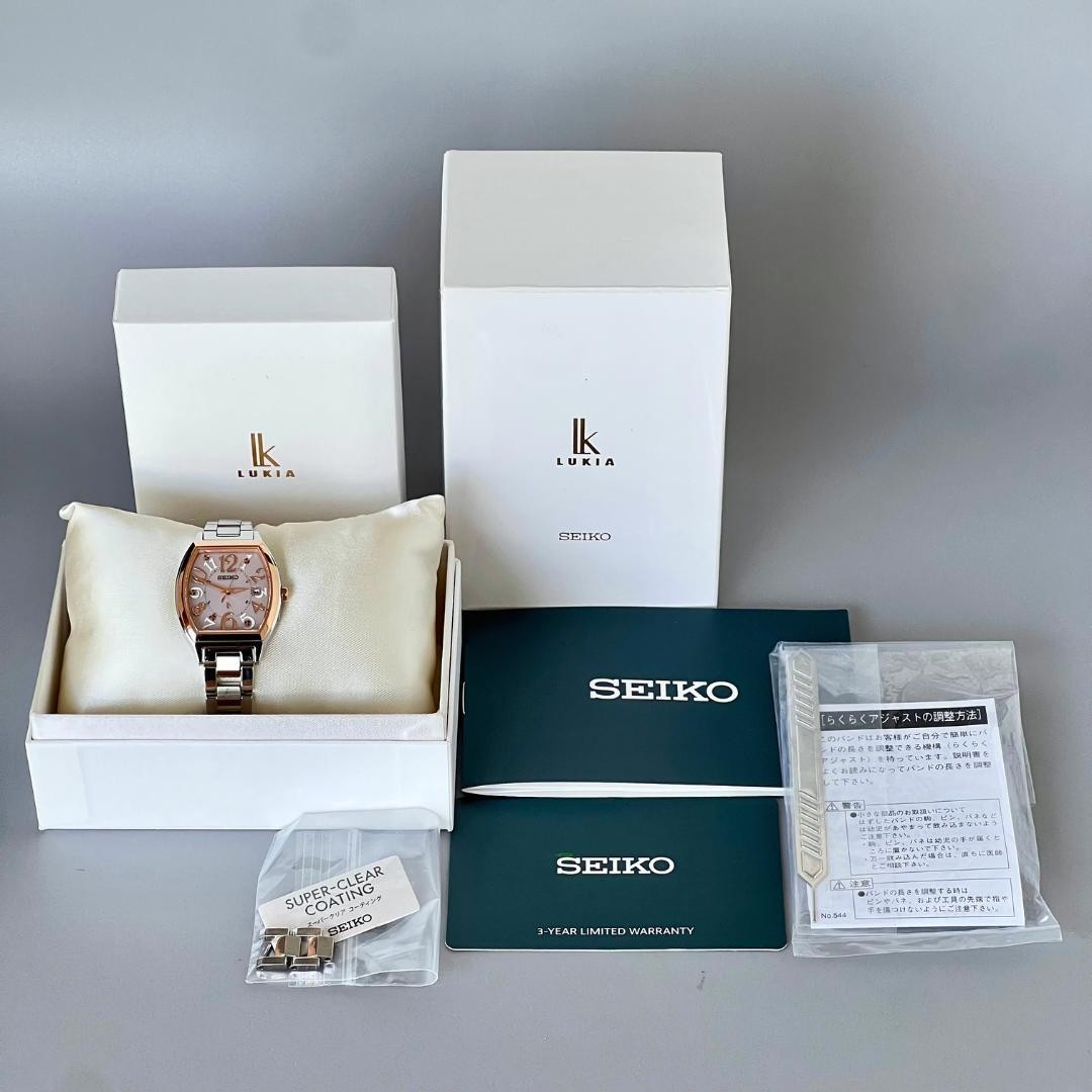 SEIKO LUKIA SSVW214 1B32 Radio Solar Tonneau Watch Pink Goldtone 27.7×36.3mm