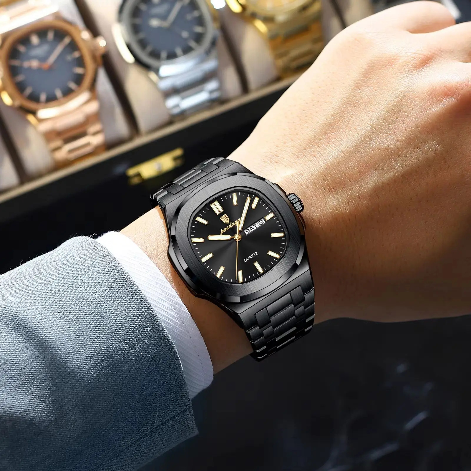 Men’s Luxury Square Dial Quartz Watch Stainless Steel Waterproof Luminous Date