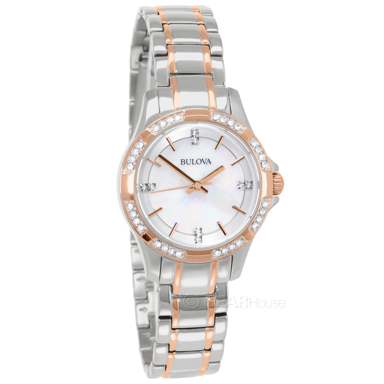 BULOVA Womens Pave Crystals Dress Watch, MOP Dial Two Tone Silver Rose Gold Band