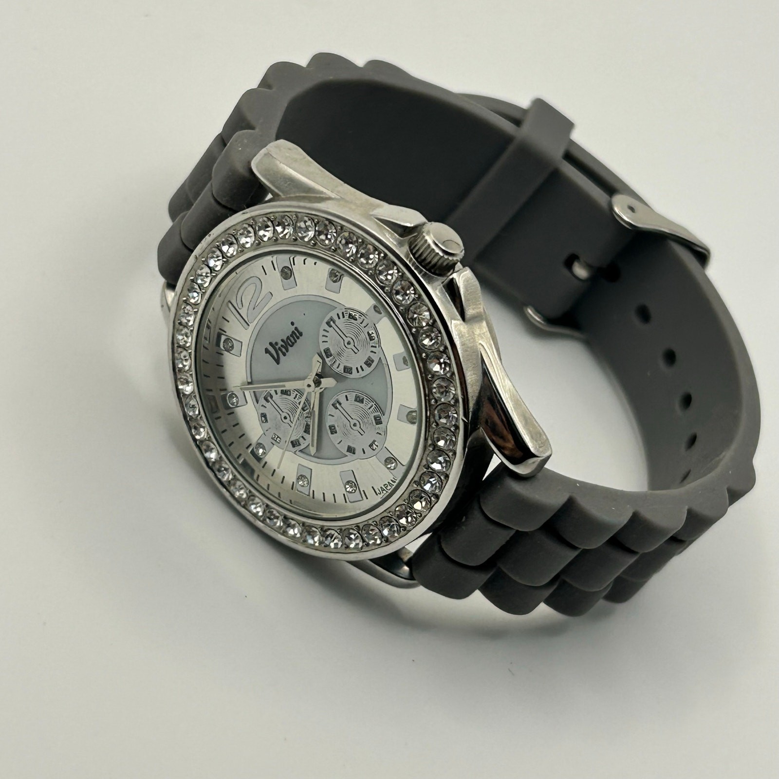 Vivani Silver Tone Dial Round Crystal Accent Case Gray Silicone Band Watch