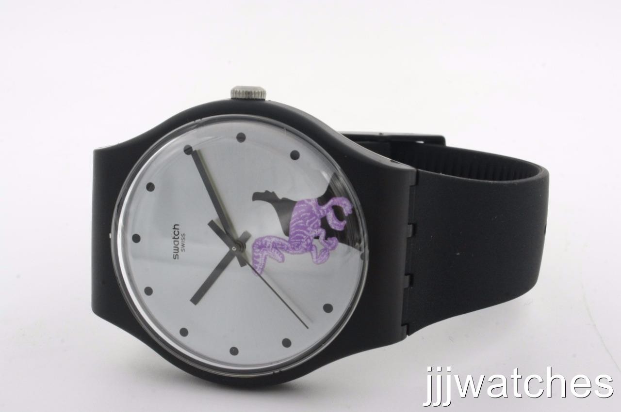 New Swatch Originals Gent PINKOSAURE Matte Black Silicone Watch 43mm SUOB139 $85
