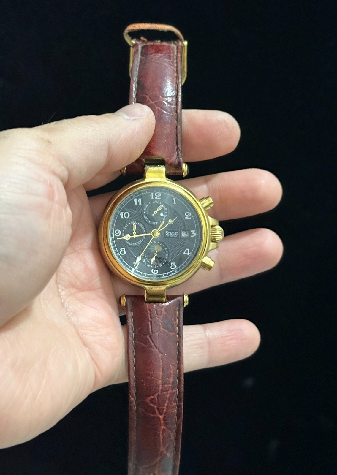 Stauer Chronograph Beautiful 27 Jewels DS14685 93 Gold Tone Automatic Mens Watch