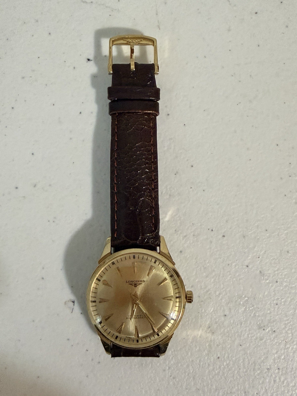 Longines Automatic Gold Plated Gold Dial Dress Watch Brown Leather Strap