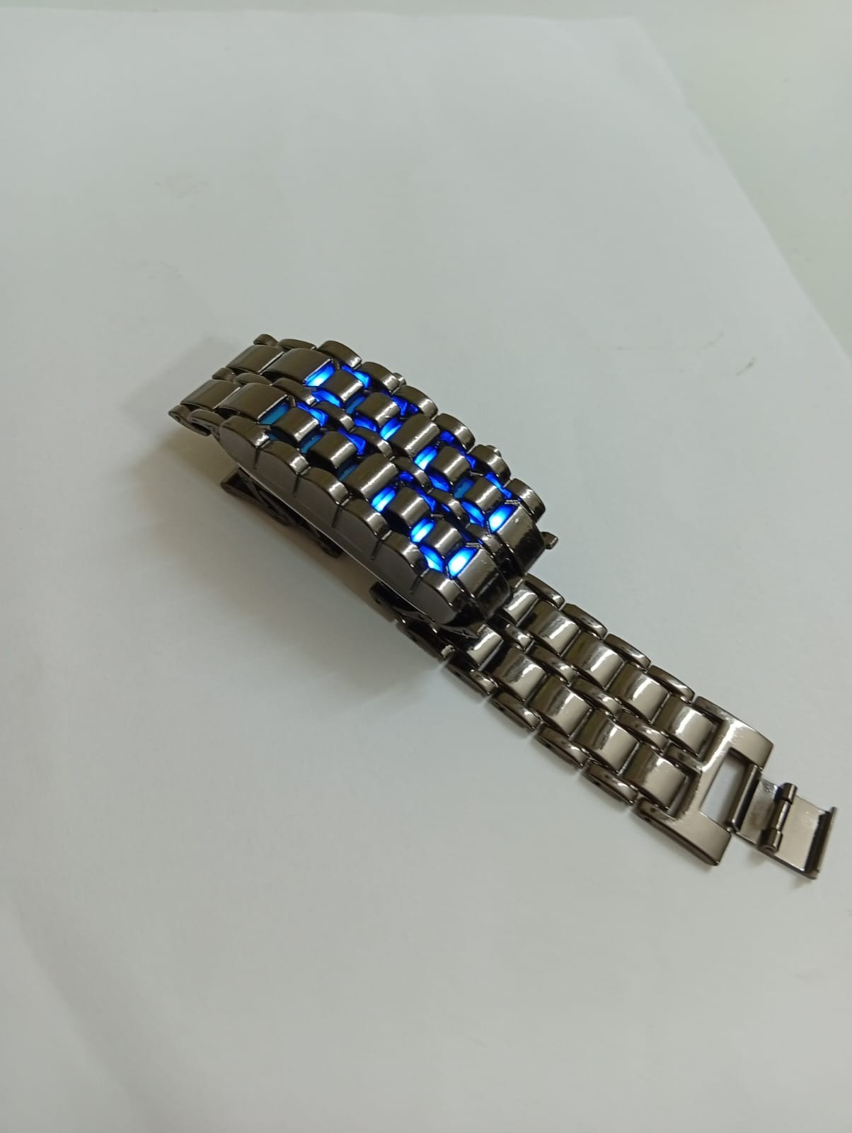 Unisex Black Metal Blue LED Digital Wrist Watch Futuristic Bracelet Design