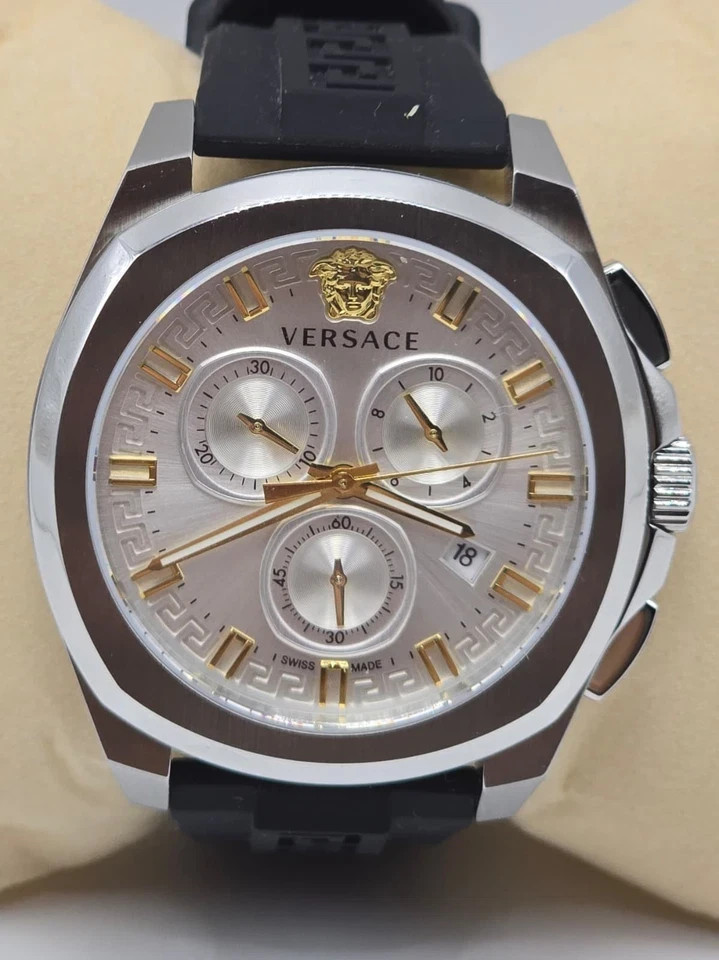 Versace Men’s Swiss Chronograph Geo Black Silicone Strap Watch 43mm