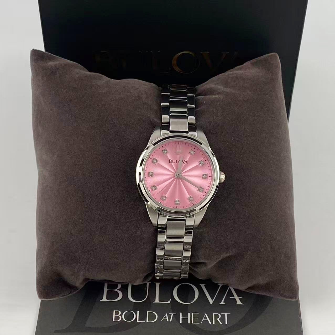 Bulova Sutton Diamond Pink Dial Stainless Steel Women’s Quartz Watch 96P249 28mm