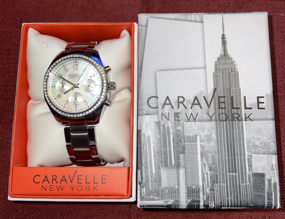 Caravelle NY by Bulova Chrono 43L159 Watch Silver Tone NIB MOP Crystals Box1