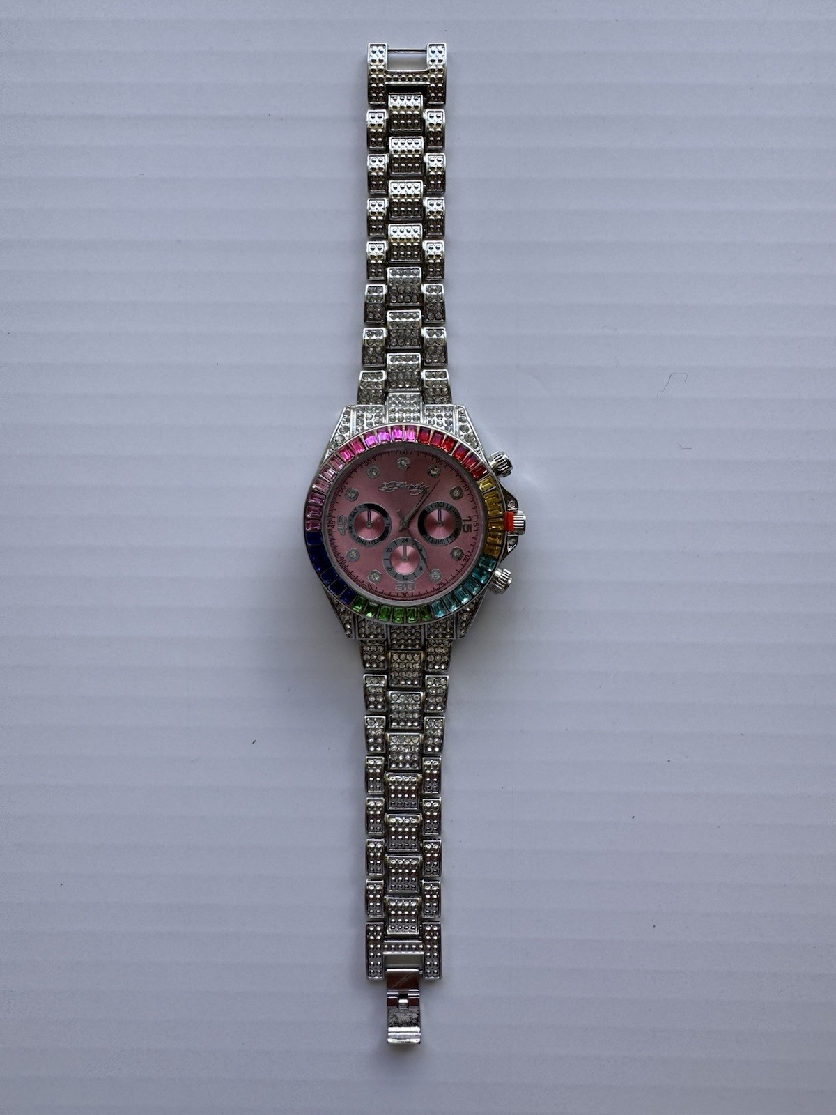Ed Hardy Women’s Quartz Wristwatch Pink Dial Crystal Accents Multicolor Bezel