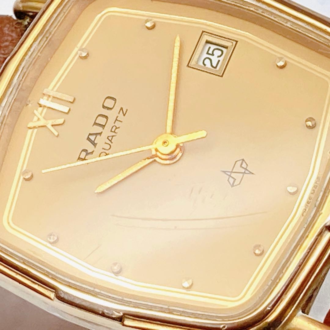 RADO Quartz Square Watch Gold Dial Brown Strap 23mm 16.3cm Vintage Rare