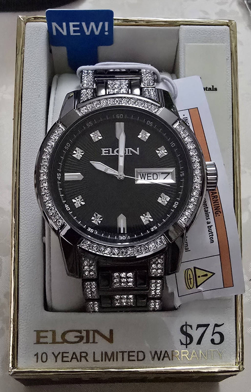 Elgin Men’s Quartz Analog Day/Date Black Dial Crystal Bezel Bracelet 44mm