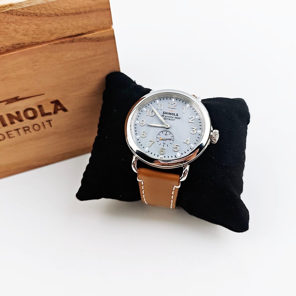 Shinola The Runwell 41mm Quartz Men’s Slate Blue Dial Tan Leather Strap Watch